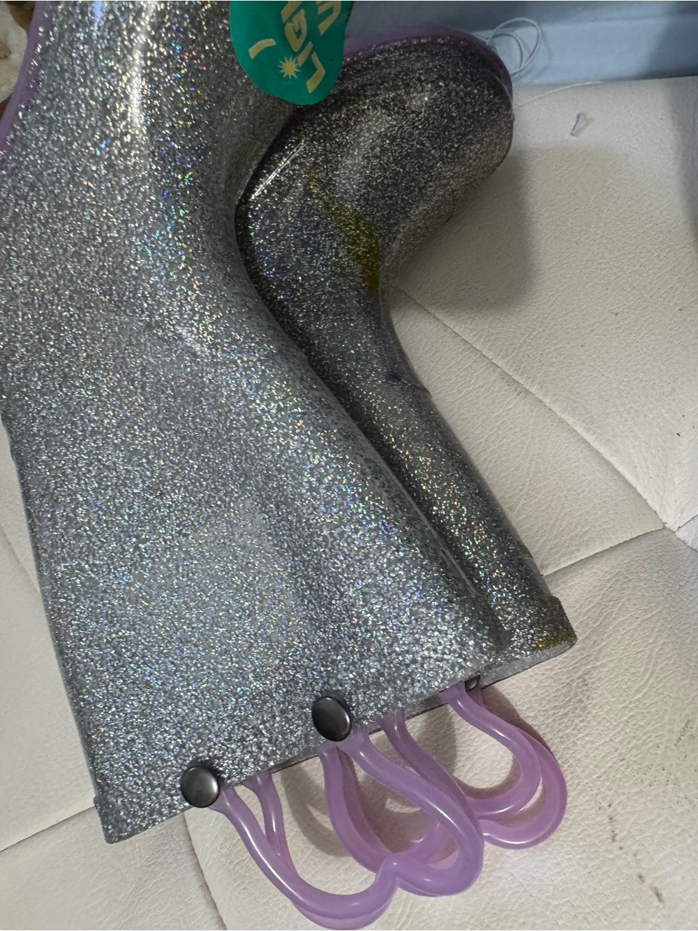 Rachel Silver Glitter Platform Rain Boots with Lavender Pull Loops